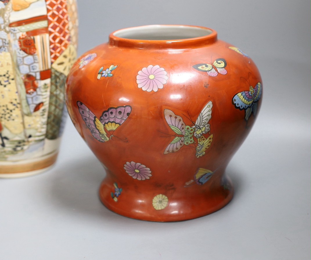 Japanese satsuma vase, 39cm high, together with a red Chinese vase and 19th century Chinese famille rose teapot